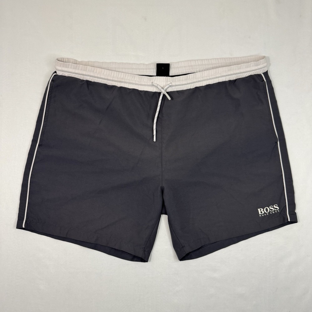Hugo Boss Gray & White Striped Swim Trunks Mens Large Quick Dry Casual
